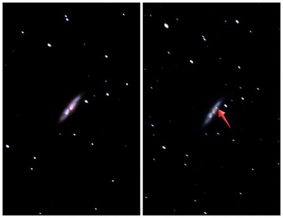 Comparison images of M82 The image on the left was taken on December 24th, 2013. The image on the right was taken on January 20th, 2014. Credit and copyright: Stephen Rahn. 