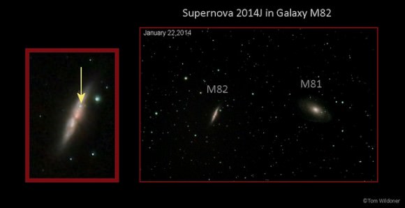 A view taken on January 22, 2014 of supernova 2014J in Messier 82 (M82) located in the constellation Ursa Major. Credit and copyright: Tom Wildoner. 