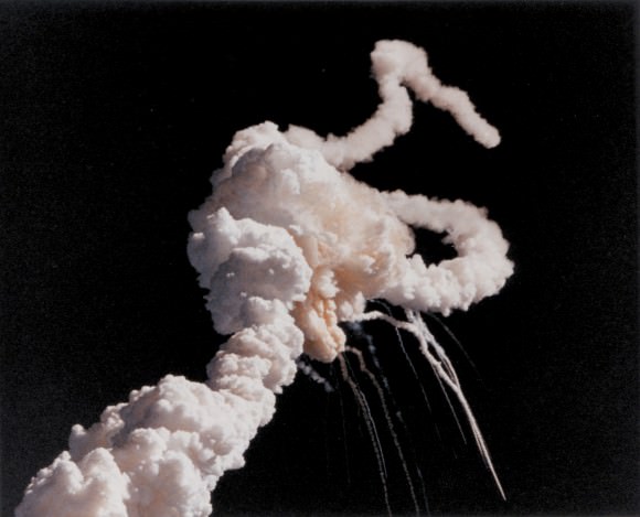 The Challenger space shuttle a few moments after the rupture took place in the external tank. Credit: NASA