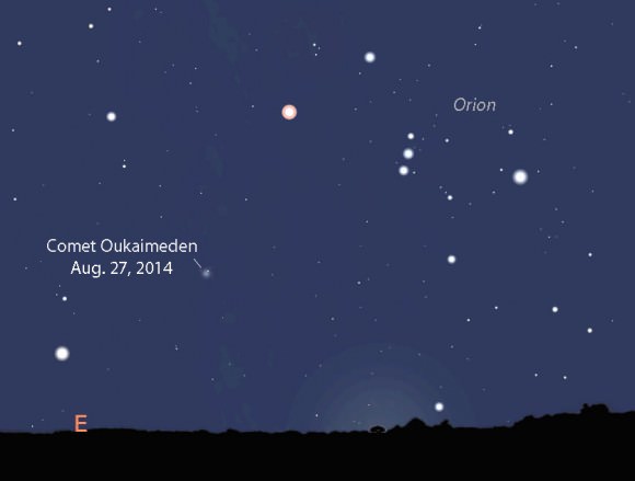 Comet Oukaimeden may glow around 8th magnitude in late August 2014 when it rises with the winter stars before dawn. Stellarium.