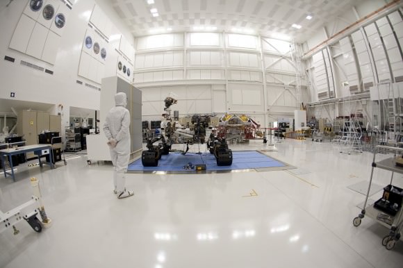 The NASA Curiosity rover in this undated photo inside the Jet Propulsion Laboratory's spacecraft assembly facility. The team did around 4,500 samplings during assembly for contamination.  Credit: NASA 