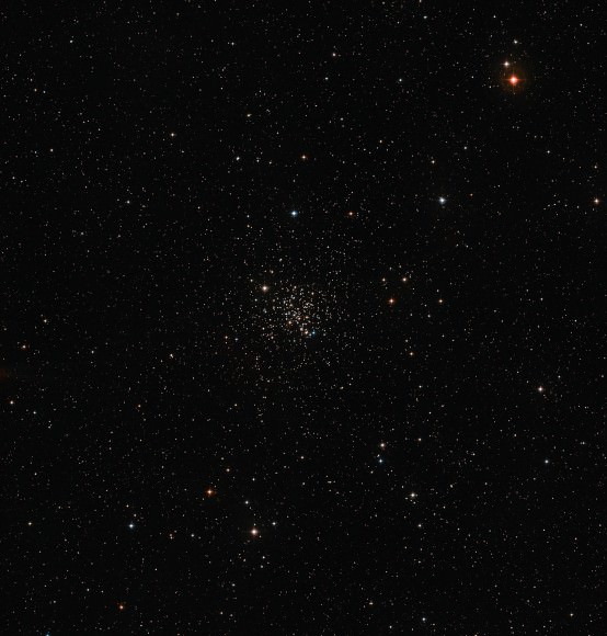 This wide-field image of the sky around the old open star cluster Messier 67 was created from images forming part of the Digitized Sky Survey 2. The cluster appears as a rich grouping of stars at the centre of the picture. Messier 67 contains stars that are all about the same age, and have the same chemical composition, as the Sun. Credit: ESO/Digitized Sky Survey 2. Acknowledgement: Davide De Martin.