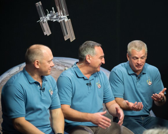 The Expedition 39/40 crew at a NASA press conference in January 2014. From left, Oleg Artemyev, Alexander Skvortsov and Steve Swanson. Credit: NASA