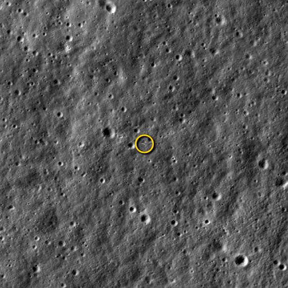 NASA’s LRO imaged NASA’s LADEE, about 5.6 miles (9 km) beneath it, at 8:11 p.m. EST on Jan. 14, 2014. (LROC NAC image M1144387511LR).  Image width is 821 meters, or about 898 yards.)   Credit:   NASA/Goddard/Arizona State University