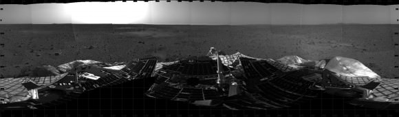 Ten Years Ago, Spirit Rover Lands on Mars . This mosaic image taken on Jan. 4, 2004, by the navigation camera on the Mars Exploration Rover Spirit, shows a 360 degree panoramic view of the rover on the surface of Mars.   Spirit operated for more than six years after landing in January 2004 for what was planned as a three-month mission. Credit: NASA/JPL