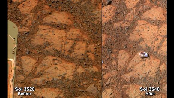 This before-and-after pair of images of the same patch of ground in front of NASA's Mars Exploration Rover Opportunity 13 days apart documents the arrival of a bright rock onto the scene.  Credit: NASA/JPL-Caltech/Cornell Univ./Arizona State Univ.