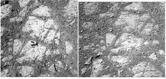 Two images from the Opportunity rover from Sol 3528 (right) and Sol 3540 showing possible location of where the 'Jelly Donut' rock came from. Image credit: Credit: NASA/JPL-Caltech/Cornell Univ./Arizona State Univ., notation via Yuksel Kenaroglu.  