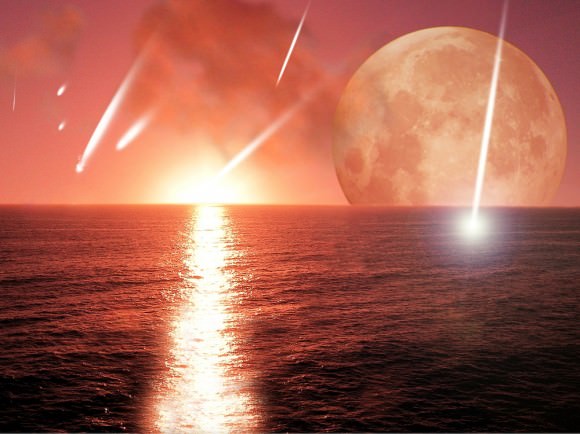 Artist's conception of asteroids or comets bearing water to a proto-Earth. Credit: Harvard-Smithsonian Center for Astrophysics
