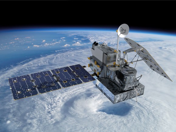 Visualization of the GPM Core Observatory satellite orbiting the planet earth.  Credit: NASA Goddard