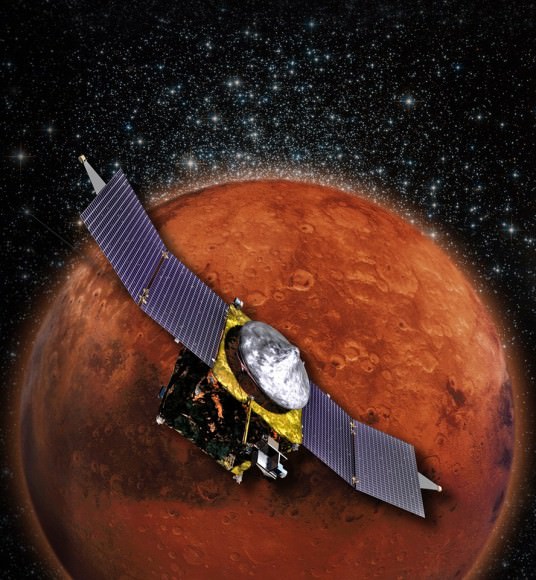 MAVEN is NASA’s next Mars Orbiter and will investigate how the planet lost most of its atmosphere and water over time. Credit: NASA 