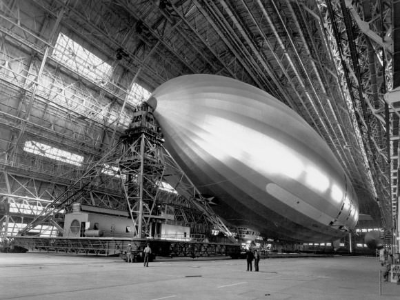 An undated photo showing a blimp inside Hangar One. The facility began as a facility for airships in the 1930s. Credit: NASA Ames Research Center