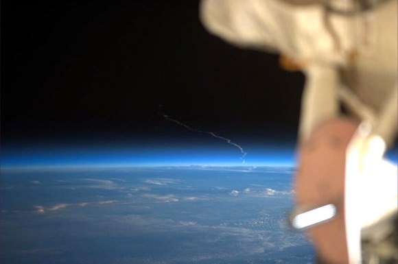 Rick Mastracchio's photo of the Ariane 5 launch, rotated 180 degrees.