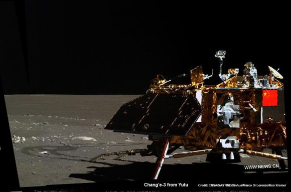 Mosaic of the Chang'e-3 moon lander and the lunar surface taken by the camera on China’s Yutu moon rover from a position south of the lander.   Note the landing ramp and rover tracks at left.  Credit: CNSA/SASTIND/Xinhua/Marco Di Lorenzo/Ken Kremer 