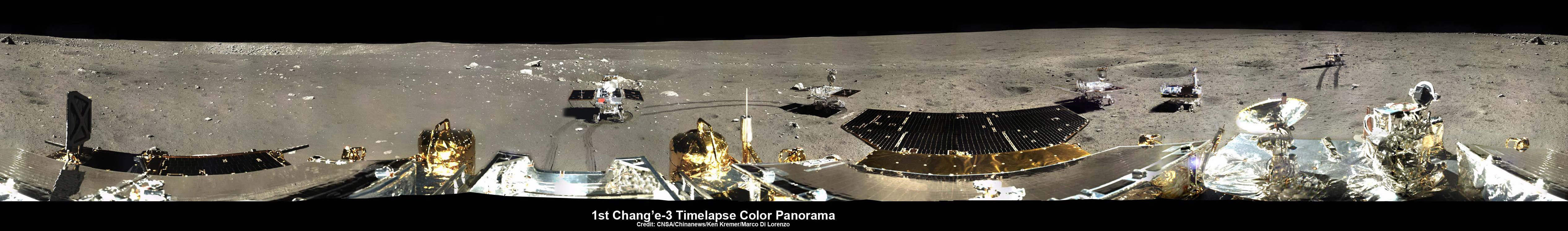 360-degree time-lapse color panorama from China’s Chang’e-3 lander. This new 360-degree time-lapse color panorama from China’s Chang’e-3 lander shows the Yutu rover at five different positions, including passing by crater and heading south and away from the Chang’e-3 lunar landing site forever during its trek over the Moon’s surface at its landing site from Dec. 15-22, 2013 during the 1st Lunar Day. Credit: CNSA/Chinanews/Ken Kremer/Marco Di Lorenzo – kenkremer.com.  See our Yutu timelapse pano at NASA APOD Feb. 3, 2014: http://apod.nasa.gov/apod/ap140203.htm