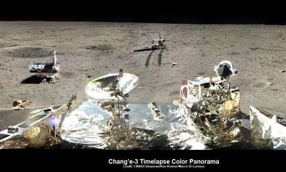Chang’e-3/Yutu Timelapse Color Panorama  This newly expanded timelapse composite view shows China’s Yutu moon rover at two positions passing by crater and heading south and away from the Chang’e-3 lunar landing site forever about a week after the Dec. 14, 2013 touchdown at Mare Imbrium. This cropped view was taken from the 360-degree timelapse panorama. See complete 360 degree landing site timelapse panorama herein and APOD Feb. 3, 2014. Chang’e-3 landers extreme ultraviolet (EUV) camera is at right, antenna at left. Credit: CNSA/Chinanews/Ken Kremer/Marco Di Lorenzo – kenkremer.com.   See our complete Yutu timelapse pano at NASA APOD Feb. 3, 2014:  http://apod.nasa.gov/apod/ap140203.htm