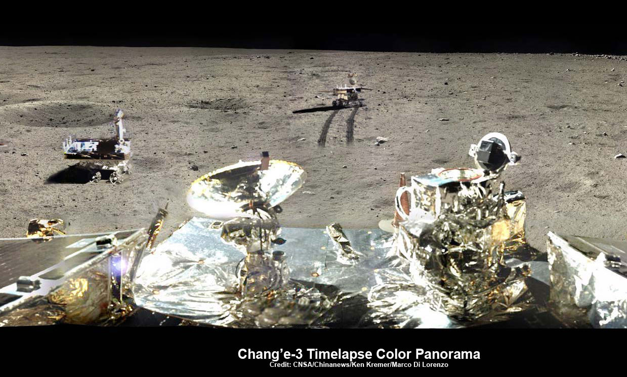 Chang’e-3/Yutu Timelapse Color Panorama  This newly expanded timelapse composite view shows China’s Yutu moon rover at two positions passing by crater and heading south and away from the Chang’e-3 lunar landing site forever about a week after the Dec. 14, 2013 touchdown at Mare Imbrium. This cropped view was taken from the 360-degree timelapse panorama. See complete 360 degree landing site timelapse panorama herein and APOD Feb. 3, 2014. Chang’e-3 landers extreme ultraviolet (EUV) camera is at right, antenna at left. Credit: CNSA/Chinanews/Ken Kremer/Marco Di Lorenzo – kenkremer.com.   See our complete Yutu timelapse pano at NASA APOD Feb. 3, 2014:  http://apod.nasa.gov/apod/ap140203.htm