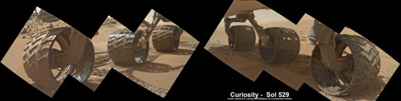 Photomosaic shows new holes and tears in several of rover Curiosity’s six wheels caused by recent driving over sharp edged Martian rocks on the months long trek to Mount Sharp. Raw images taken by the MAHLI camera on Curiosity’s arm on Jan. 31, 2014 (Sol 529) were assembled to show some recent damage to several of its six wheels.  Credit: NASA / JPL / MSSS / Marco Di Lorenzo / Ken Kremer- kenkremer.com   