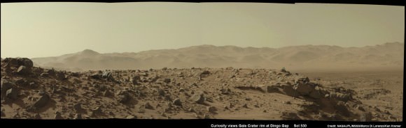 Curiosity photographed You and all of humanity looking from somewhere above the eroded rim of Gale Crater -  a portion of which is seen in this photomosaic taken by the same Mastcam camera  on Feb 1, 2014, Sol 530, at the Dingo Gap sand dune.  Credit: NASA/JPL-Caltech/MSSS/Marco Di Lorenzo/Ken Kremer- kenkremer.com