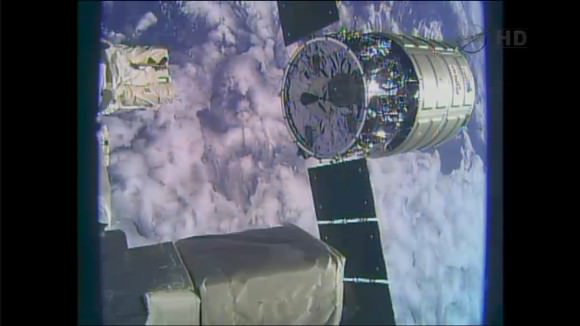 The Cygnus private cargo craft built by Orbital Sciences Corp. was released from the station's robotic arm at 6:41am EST, Feb 18. It will burn up in Earth's atmosphere on Wednesday, Feb. 19, 2014. Credit: NASA TV