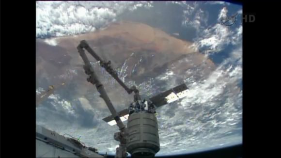 The Cygnus private cargo craft built by Orbital Sciences Corp. was released from the station's robotic arm at 6:41am EST, Feb 18. It will burn up in Earth's atmosphere on Wednesday, Feb. 19, 2014. Credit: NASA TV