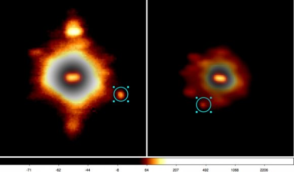 The Trojan asteroid 624 Hektor is visible in these two adaptive optics observations in July 2006 and October 2008, both performed with the W.M. Keck Observatory's II telescope. Hektor is in the middle of each picture, and its moon in the circles. Credit: WMKO/Marchis