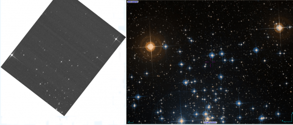 Writes the European Space Agency in February 2014: "This is a rotated Gaia image section (left; extracted from the cluster image of NGC 2516 above), compared to a Digital Sky Survey image taken from the ground (right)." Credit: ESA/DPAC/Airbus DS/DSS