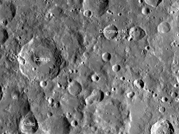 Image from LRO’s Wide Angle Camera of Icarus crater and vicinity. Image width is approximately 365 km. Credit: NASA/GSFC/Arizona State University.