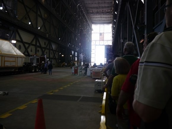 The floor of the Vehicle Assembly Building at the Kennedy Space Center in Florida during a tour in February 2014. At left is an Orion spacecraft prototype readied for shipping to Langley, Virginia. Credit: Elizabeth Howell