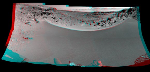 Curiosity's 3-D View Past Tall Dune at edge of 'Dingo Gap' This stereo mosaic of images from the Navigation Camera (Navcam) on Curiosity shows the terrain to the west from the rover's position on Sol 528 (Jan. 30, 2014). The scene appears three dimensional when viewed through red-blue glasses with the red lens on the left.  The view was taken just after Curiosity had arrived at the eastern edge of a location called "Dingo Gap." A dune across the gap is about 3 feet (1 meter) high in the middle and tapered at south (left) and north (right) ends onto low scarps on either side of the gap. The rover team is evaluating possible driving routes on the other side before a decision whether the cross the gap.  Credit: NASA/JPL-Caltech