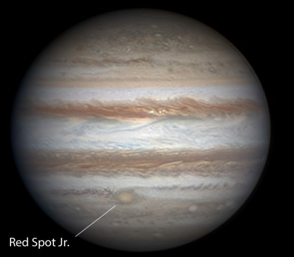 Feb. 1 photo of Oval BA, a.k.a. Red Spot Jr. It's the first significant new red s[pt ever observed on Jupiter and located at longitude 332 degrees (Sys. II) The spot about half the width of the more familiar Great Red Spot. Credit: Christopher Go