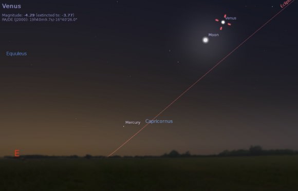 The Moon and Venus at dawn on February 25th for observers along the U.S. Eastern Seaboard.