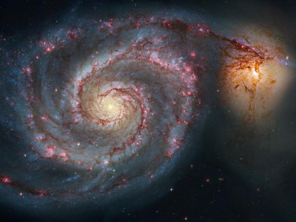 The 51st entry in Charles Messier's famous catalog is perhaps the original spiral nebula--a large galaxy with a well defined spiral structure also cataloged as NGC 5194. Over 60,000 light-years across, M51's spiral arms and dust lanes clearly sweep in front of its companion galaxy, NGC 5195. Image data from the Hubble's Advanced Camera for Surveys was reprocessed to produce this alternative portrait of the well-known interacting galaxy pair. The processing sharpened details and enhanced color and contrast in otherwise faint areas, bringing out dust lanes and extended streams that cross the small companion, along with features in the surroundings and core of M51 itself. The pair are about 31 million light-years distant. Not far on the sky from the handle of the Big Dipper, they officially lie within the boundaries of the small constellation Canes Venatici. Image Credit: NASA