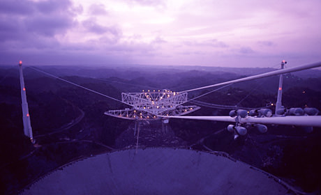 The platform hangs above the Arecibo dish, supported by cables. Via Cornell University. 