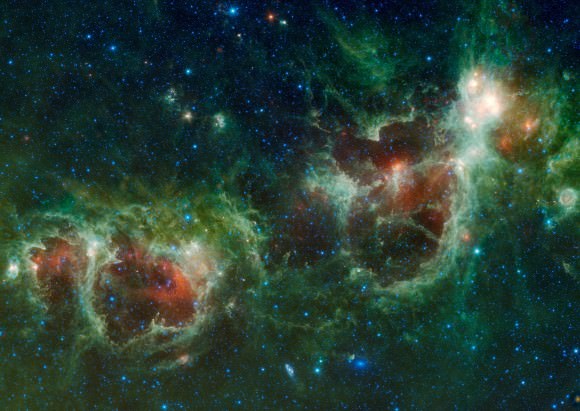 The Heart and Soul nebulae in an infrared mosaic from NASA's Wide-field Infrared Survey Explorer (WISE). It is located about about 6,000 light-years from Earth. Credit: NASA/JPL-Caltech/UCLA 