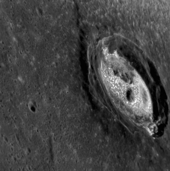 A side view of  Kertész crater on Mercury, as imaged by NASA's MESSENGER spacecraft. Credit: NASA/Johns Hopkins University Applied Physics Laboratory/Carnegie Institution of Washington