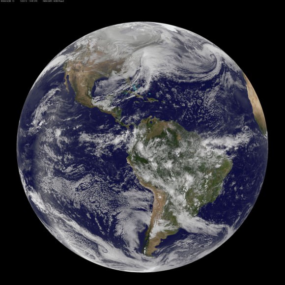 Full disk image of the winter storm over the U.S. south and East Coast was taken by NOAA's GOES-13 satellite on Feb. 13 at 1455 UTC/9:45 a.m. EST. Credit:  NASA/NOAA GOES Project