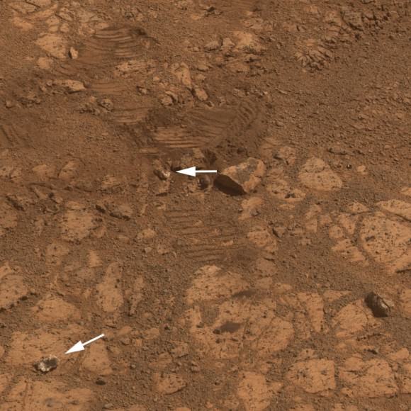 This image from the panoramic camera (Pancam) on NASA’s rover Opportunity shows the location of a rock called "Pinnacle Island" before it appeared in front of the rover in early January 2014.  Arrow at lower left. This image was taken during Sol 3567 of Opportunity's work on Mars (Feb. 4, 2014).  Credit:  NASA/JPL-Caltech/Cornell Univ./Arizona State Univ.