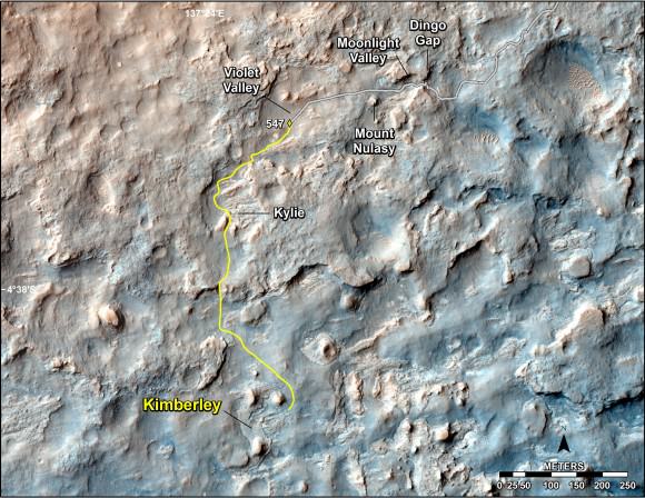This map shows the route driven and route planned for NASA's Curiosity Mars rover from before reaching "Dingo Gap" -- in upper right -- to the mission's next science waypoint, "Kimberley" (formerly referred to as "KMS-9") -- in lower left.   Credit: NASA/JPL-Caltech/Univ. of Arizona