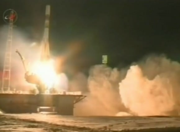 ...and LIFTOFF of the Soyuz-U rocket from the Baikonur Cosmodrome with Progress M-22M! Credit: NASA TV.