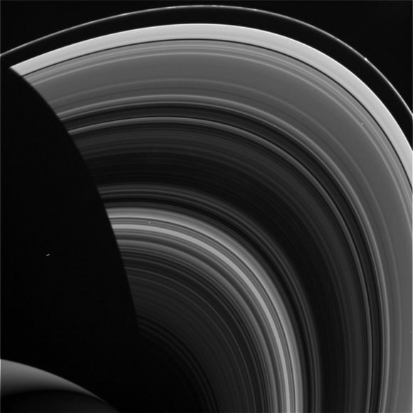 The bulk of Saturn looms to the side of this shot of Saturn's rings taken in February 2014 by the Cassini spacecraft. Credit: NASA/JPL/Space Science Institute