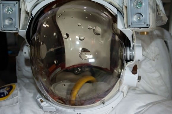 Water collecting inside of a spacesuit helmet. This was the lead image in a report investigating a July 2013 water leak in a spacesuit used by European Space Agency astronaut Luca Parmitano. Credit: NASA