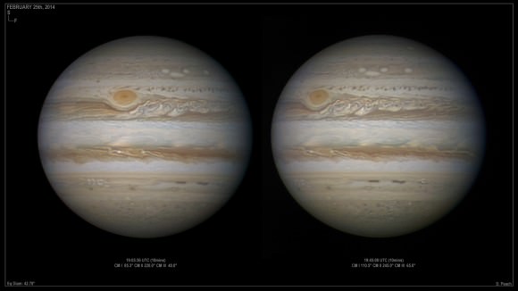 Jupiter's Great Red Spot and the 'Mickey Mouse' storms on February 25, 2014. Credit and copyright: Damian Peach. 