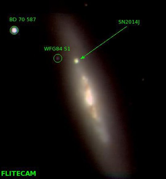 Image of M82 including the supernova at near-infrared wavelengths J, H, and K (1.2, 1.65, and 2.2 microns), made Feb. 20 by the FLITECAM instrument on SOFIA. (NASA/SOFIA/FLITECAM team/S. Shenoy)