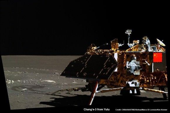 Mosaic of the Chang'e-3 moon lander and the lunar surface taken by the camera on China’s Yutu moon rover from a position south of the lander during Lunar Day 3. Note the landing ramp and rover tracks at left. Credit: CNSA/SASTIND/Xinhua/Marco Di Lorenzo/Ken Kremer