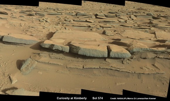 NASA’s Curiosity Mars rover will likely drill into this layered rock outcrop, near the center of the mosaic, at the Kimberly waypoint.   This photomosaic was assembled from high resolution Mastcam 34 camera images taken on Sol 574  (March 18, 2014).  Credit: NASA/JPL-Caltech/Marco Di Lorenzo/Ken Kremer-kenkremer.com