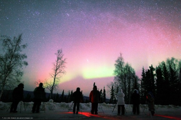 A group of attendees at John Chumack's Aurora Borealis tour watch the aurora together near Fairbanks, Alaska on March 24, 2014. Credit and copyright: John Chumack