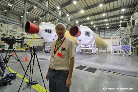Delta IV Heavy boosters and Ken Kremer of Universe Today reporting from inside Space Launch Complex 37 at Cape Canaveral on NASA’s upcoming Orion Exploration Flight Test-1 (EFT-1) mission. Credit: Ken Kremer - kenkremer.com