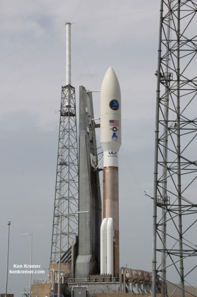 Atlas V rocket and Super Secret NROL-67 intelligence gathering payload following rollout to Space Launch Complex 41 at Cape Canaveral Air Force Station, FL, on March 24, 2014. Credit: Ken Kremer - kenkremer.com