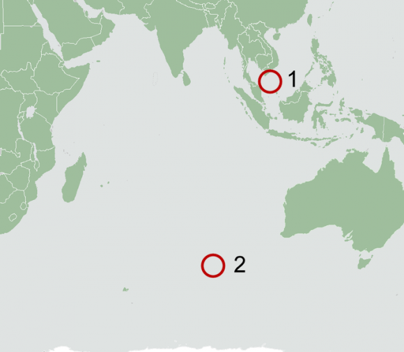 Map of possible MH 370 debris locations published 1: 12 March (disproved), 2: 20–23 March 2014. Credit: Wikipedia