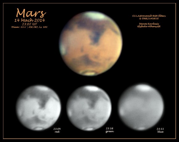 Mars from Athens, Greece on March 14, 2014 with Hellas (top), Syrtis Major and both morning and evening limb water clouds. Credit: Manos Kardasis